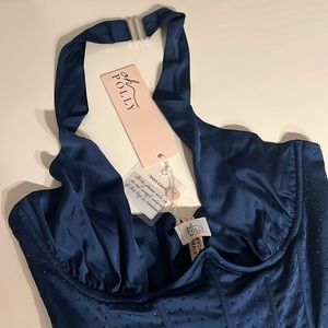 OH POLLY DIAMOND HEART
CORSET MINI DRESS IN NAVY SIZE 6